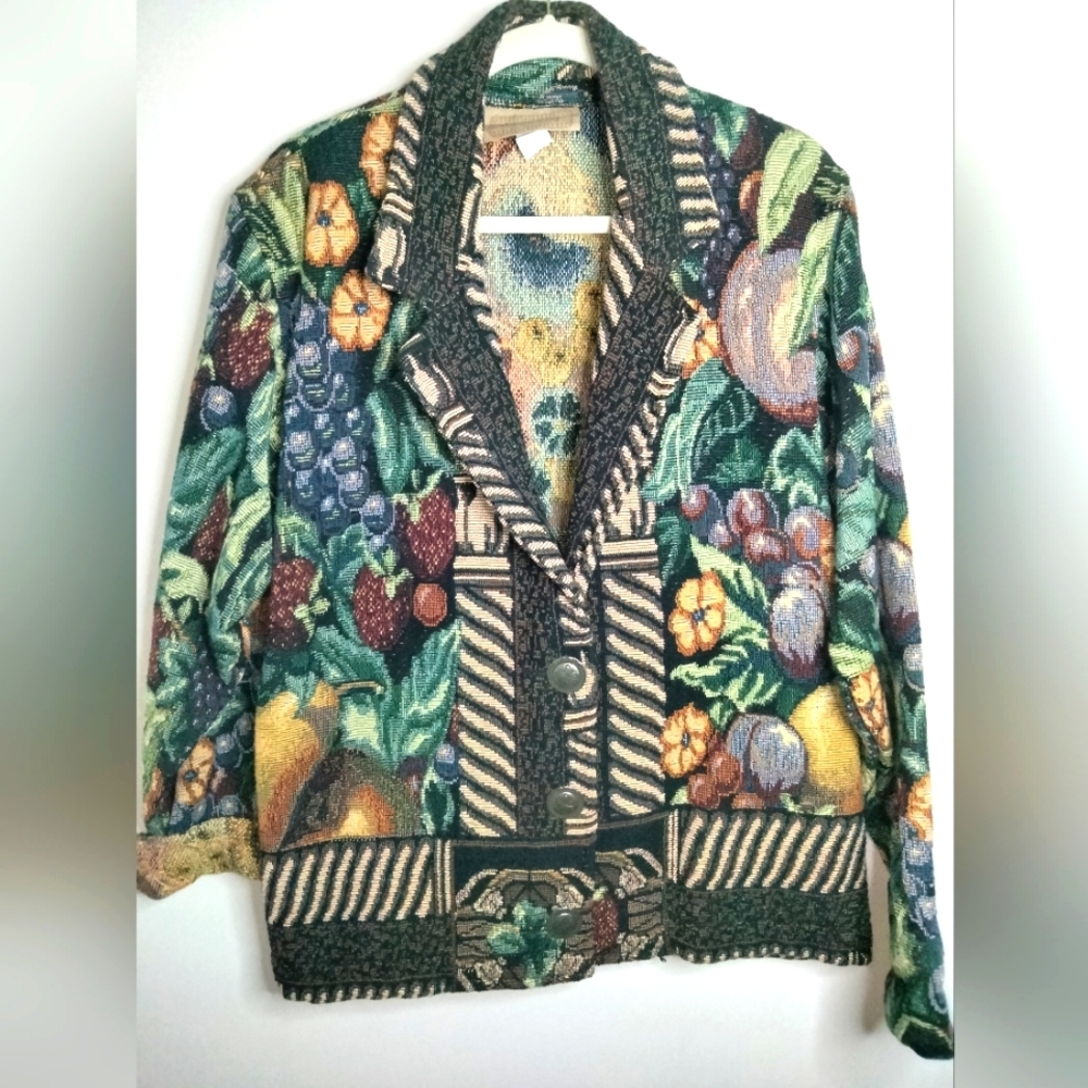Painted Pony (Sz S/M) Vintage Multicolor Floral/Fruit Tapestry LS Button Jacket